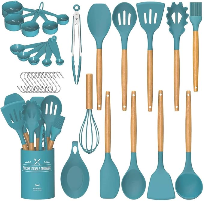 Umite Chef キッチン調理器具セット 33点 ノンスティック シリコン調理器具 スパチュラセット ホルダー付き シリコンキッチン用品 調理器具セット (ダークブルー)
