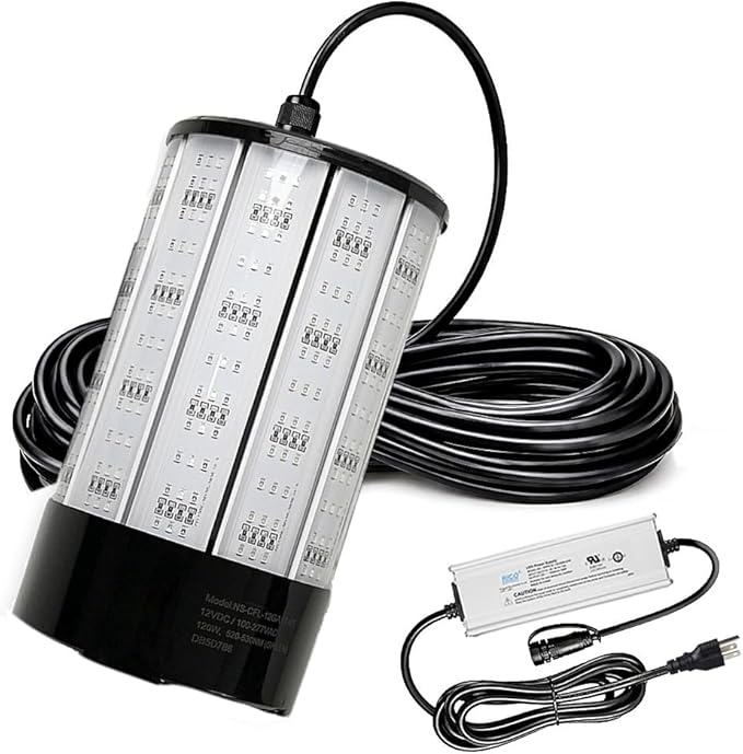 NS 120W 15,000ルーメン グリーン水中集魚灯、110V AC & 12V DCデュアル電源、LED水中ナイトドック＆ボートライト、クラッピー、池、カヤック用防水海水魚誘引キット