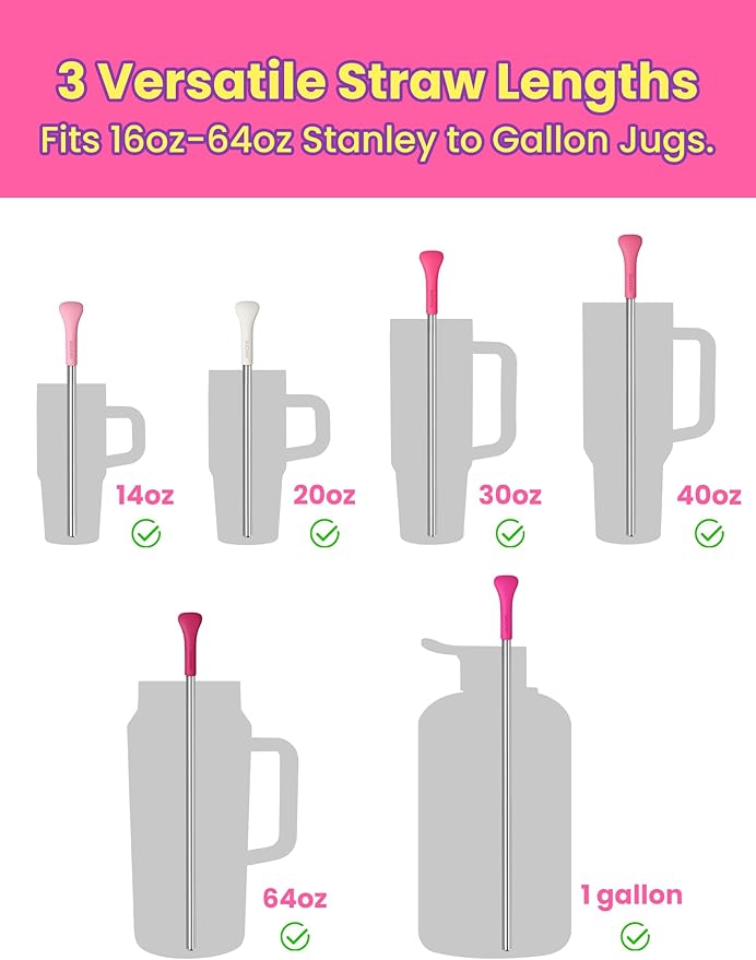 NiHome 6PCS Anti Wrinkle Straws with Silicone Widen Flat Tip Drinking Metal Straw, Fit for Stanley 20/30/40 oz Tumbler, Reusable Wrinkle Free Stainless Steel Long Straw, 2 Brushes & Carry Bag (Pink)