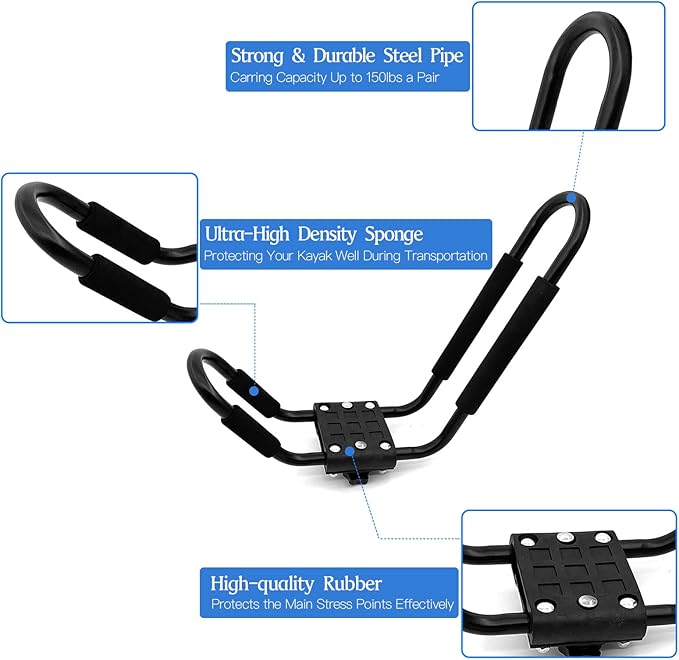 Taelakeni 2 Pairs Kayak Carrier Racks, Universal Cars Kayak Roof J Bar Rack (2 Pairs with 10ft S-Hook)