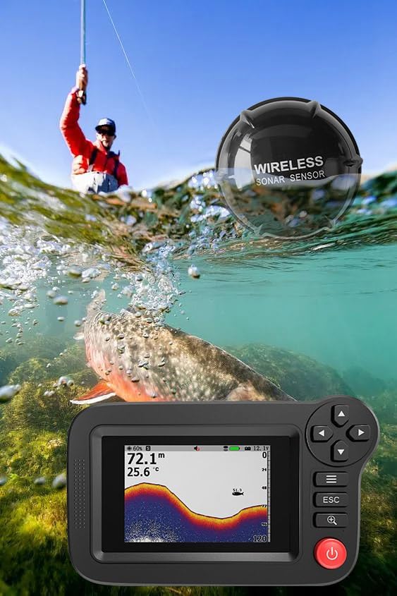 携帯型魚群探知機 ポータブルカヤック魚群探知機 魚深度探知機 ソナートランスデューサーとLCDディスプレイ付き釣り具