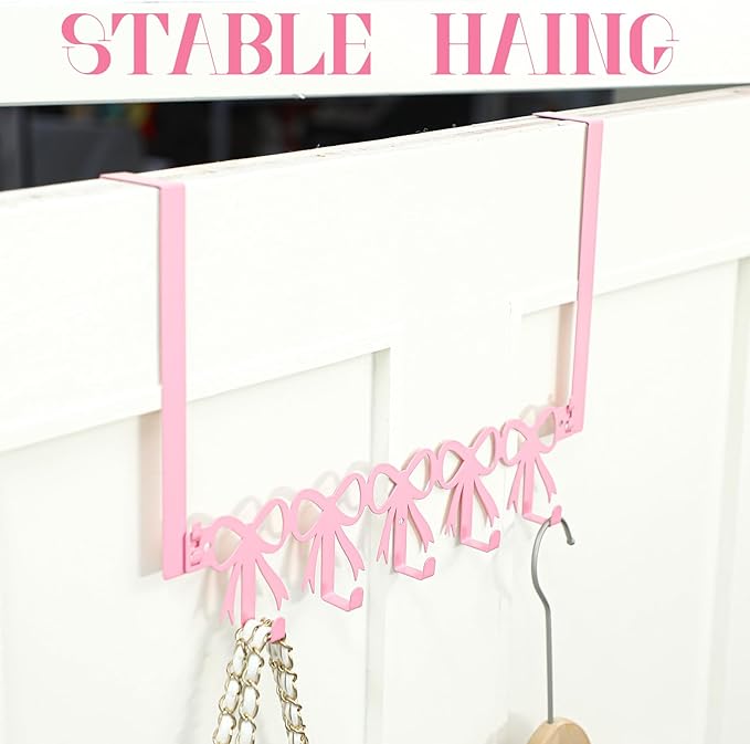 Pink Bow Over The Door Hooks Hanger Wall Mount Towel Hanger Door Holder Organizer 5 Hooks Kawaii Farmhouse Rustic Coquettish Style Decor for Bedroom Bathroom Towel Hat Clothes