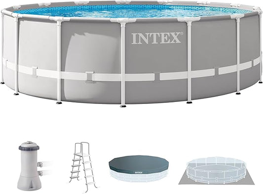 INTEX 26725EH Prism Frame Premium Above Ground Swimming Pool Set: 15ft x 48in – Includes 1000 GPH Cartridge Filter Pump – Removable Ladder – Pool Cover – Ground Cloth
