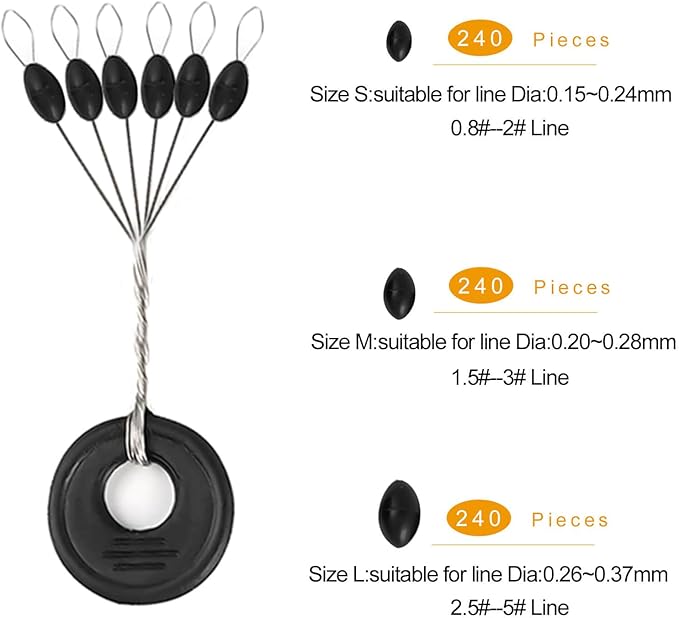 Lavie&Camus 720PCS Fishing Bobber Stopper, Oval Floats Sinker Stops, 6 in 1 Black Rubber Bobber Stops, L M S Size Float Stop Kit
