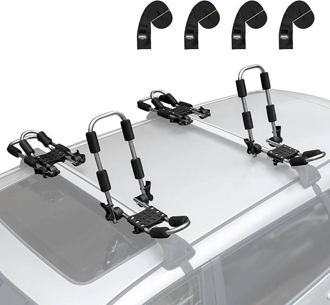 Leader Accessories Stainless Steel Folding Kayak Rack 4 PCS/Set J Bar Car Roof Rack for Canoe Surf Board SUP On Roof Top Mount on SUV, Car and Truck Crossbar with 4 pcs Tie Down Straps