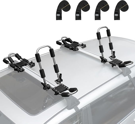 Leader Accessories Stainless Steel Folding Kayak Rack 4 PCS/Set J Bar Car Roof Rack for Canoe Surf Board SUP On Roof Top Mount on SUV, Car and Truck Crossbar with 4 pcs Tie Down Straps