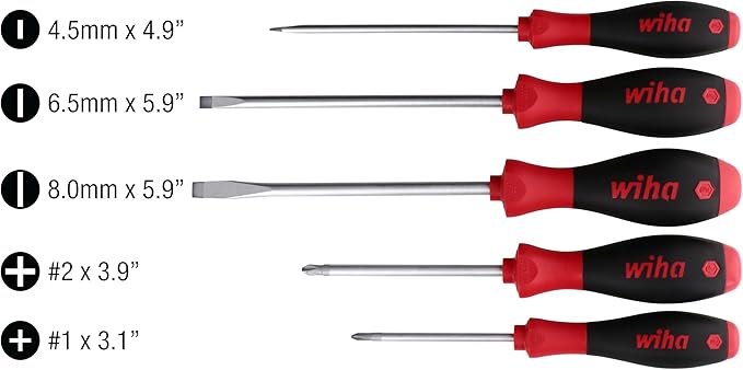 Wiha 30277 SoftFinish Screwdriver Set, 5 Piece, Slotted & Phillips, Cushion Grip Handles, Chrome Finish