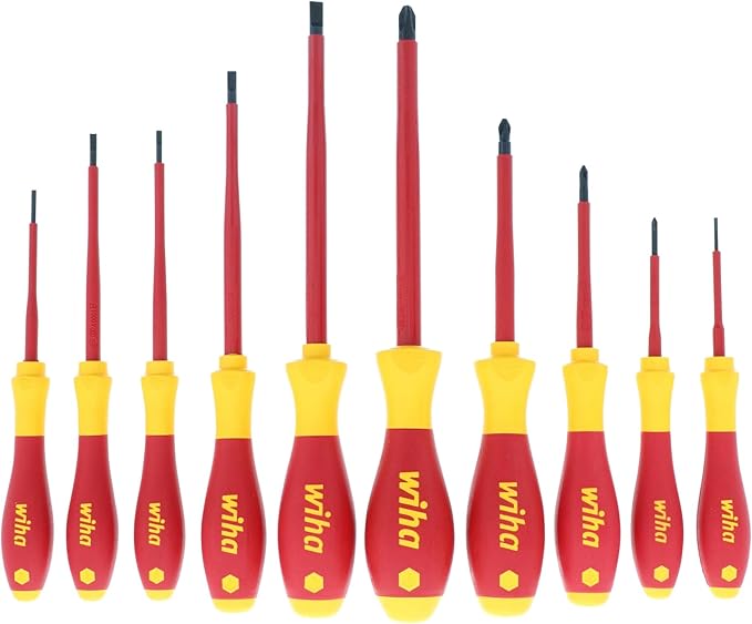 Wiha 32093 Slotted and Phillips Insulated Screwdriver Set, 1000V, 10-Piece, Slotted 2.0–6.5mm, Phillips #0–#3