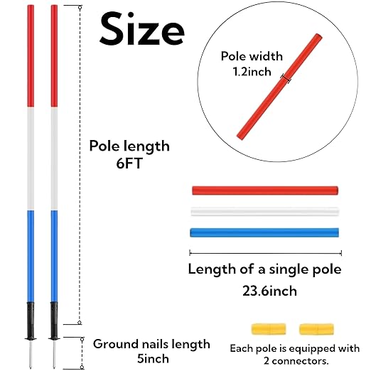 6 Pcs Pole Bending Poles for Horses with Bag, 6FT Horse Training Agility Poles Adjustable Training Equipment for Dog, Red White Blue with Metal Spring Ground Nail ﻿