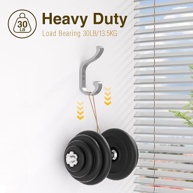 6-Pack Heavy Duty Wall Hooks - Hold 30LB for Backpacks, Towels, Coats, Keys, Clothes - Silver Wall Mounted Hooks for Bathroom, Closet, Door, Mudroom