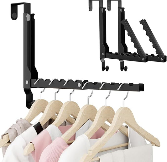 BAKON Over The Door Hangers, Over Door Hooks for Hanging, Small Space Dual Folding Portable Over Door Clothes Hanger for Clothes, Hats, Bags and Towels. (2, Black(Update))