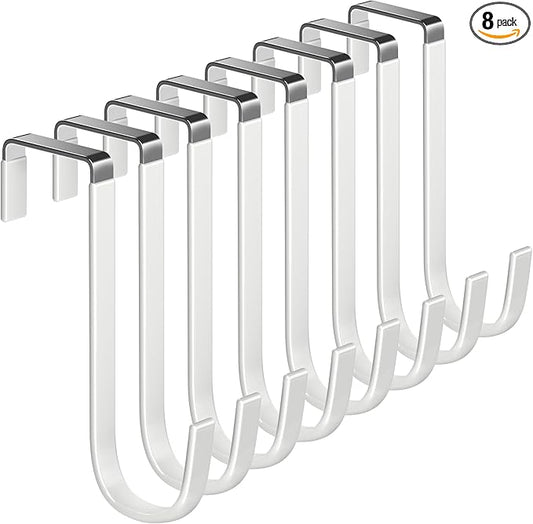 Over The Door Metal Hooks with Plastic Coating 5.5" Fit 0.5" to 1 3/8" Door 8 Pcs Heavy Duty Single Towel Robe Rack Wreath Bathroom Shower Hanger Shoe Organizer Ironing Board Short White