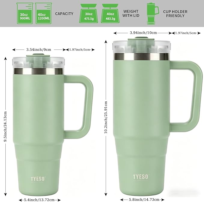 TYESO Vacuum Insulated Tumbler Water Bottle Cold Insulation Stainless Steel Bottle Straw Handle Mug Double Wall Wide Mouth (LIGHT GREEN, 40 oz)