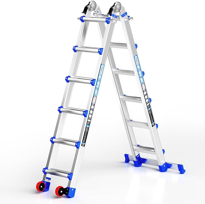 Telescoping A-Frame Ladder- 20FT Folding Extension Ladder with Wheels & Stabilizer Bar, 330lb Security Load Multi Position Ladders for Stairs Home Indoor Outdoor Roof