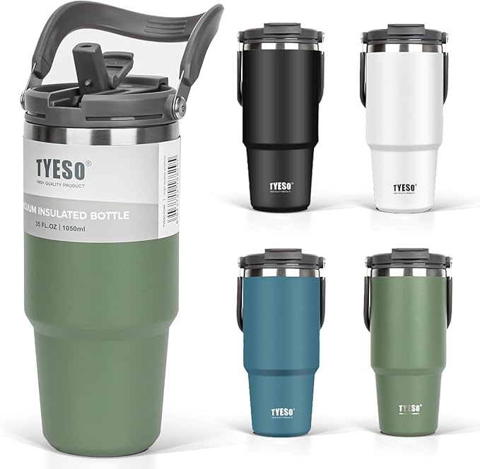 TYESO Tumbler with Handle,Tumbler with Straw, Vacuum Insulated Water Bottle,Double Wall Stainless Steel Coffee Cup Travel Mug Leak Proof Flip (Green, 40 oz)