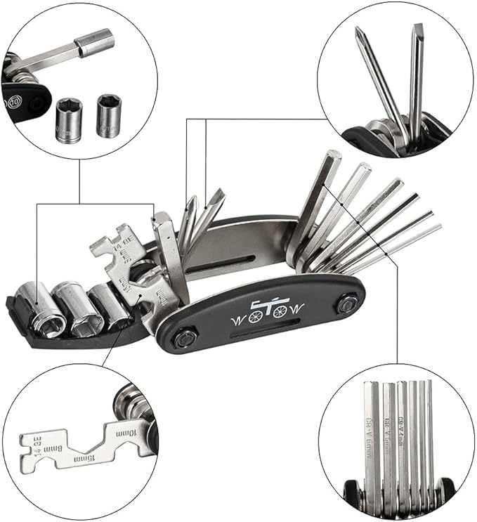 WOTOW Bike Repair Tool Kit - 16 in 1 Bicycle Multitool Portable Mountain Bike Tool Cycling Maintenance, Bike Hex Key Wrench & Bike Tube Patch Kit & Tire Lever & Hard Carrying Case (16 in 1)