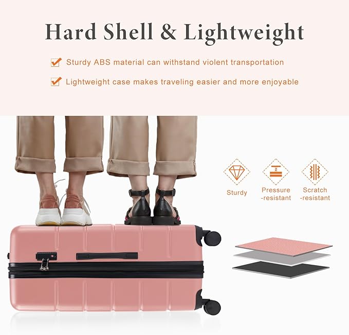 Sweetcrispy 機内持ち込みスーツケース、ダブルスピナーホイール付きハードシェルABSスーツケース、軽量拡張可能TSAロック付きキャリーケース、20インチ ペールピンク
