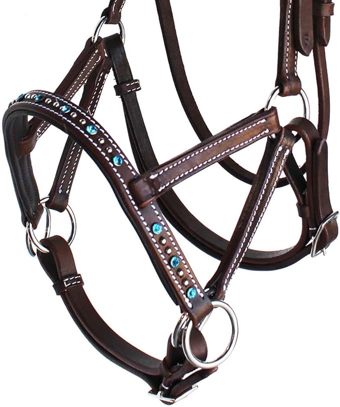 CHALLENGER Horse Western Leather Tack Bitless Sidepull Bridle Reins Brown Turquoise 77RS07TR