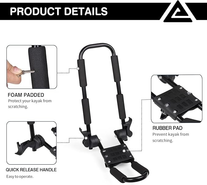 Leader Accessories Folding Kayak Rack 4 PCS/Set J Bar Car Roof Rack for Canoe Surf Board SUP On Roof Top Mount on SUV, Car and Truck Crossbar with 4 pcs Tie Down Straps - Smaller