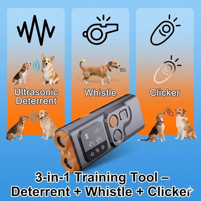 Ultrasonic Dog Bark Deterrent –3-in-1 Humane Training Tool with Whistle & Clicker, 50FT Remote Range, Type-C Fast Charging,Shut-Off Hearing Protection, LED Flashlight for Small Medium Large Dogs