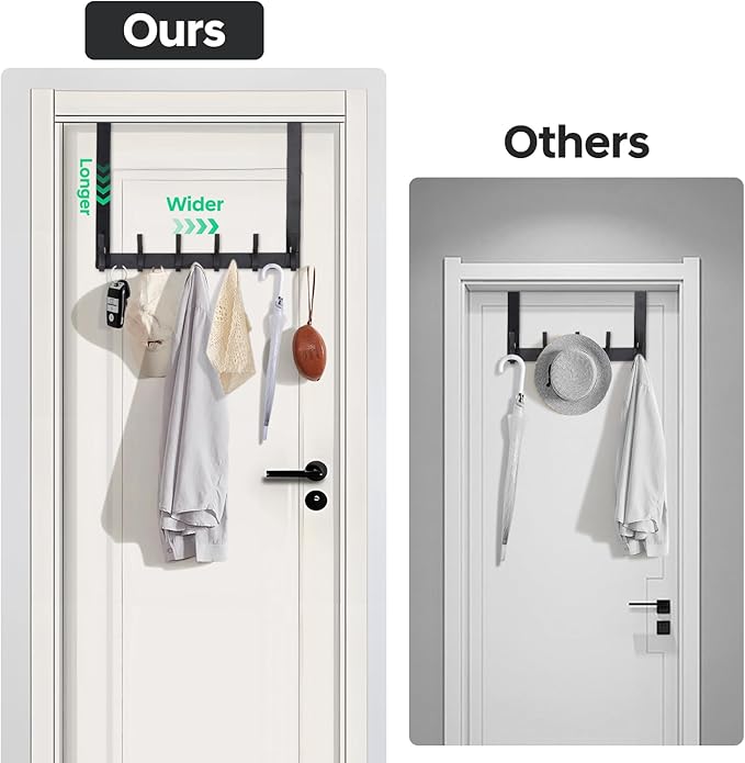 Over The Door Hooks - NO Nail Door Hanger Hook,NO Assembly REQUIERDE Coat Rack on Door with 12 Hooks,Over The Door Towel Racks for Bathroom,Bedroom,Kitchen,Hanging Towels,Coats (Black)