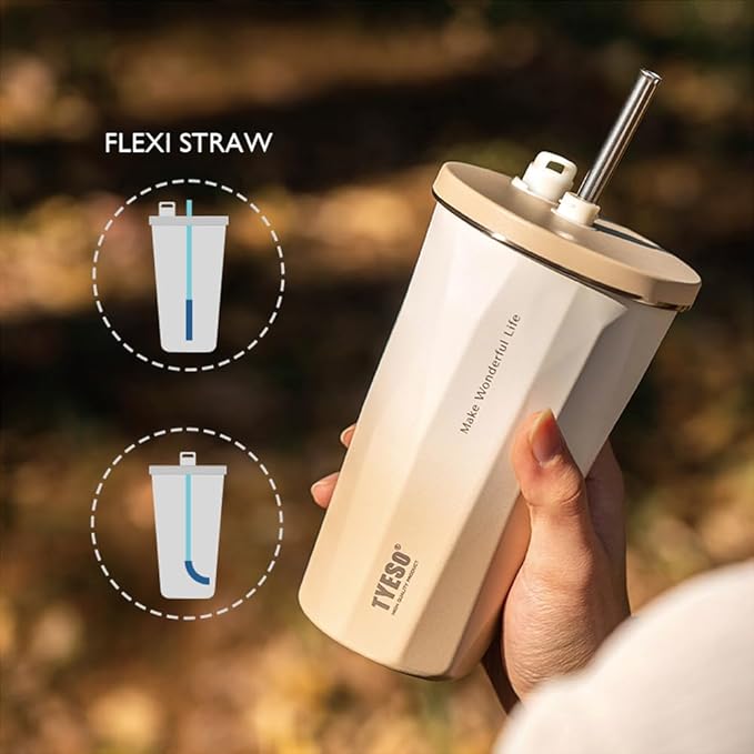 TYESO Stainless Steel Coffee Bottle, 20oz Wide Mouth Travel Coffee Cup with Straw, Vacuum Insulated Stainless Steel Tumbler, Hot & Cold Thermal Mug for Home Office Outdoor, Mocha
