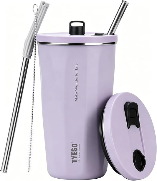 TYESO Stainless Steel Tumbler with straw inside Stainless steel wide-mouth vacuum insulation home office outdoor multi-color thermal insulation and cold insulation cover with 20oz (Purple, 20 oz)