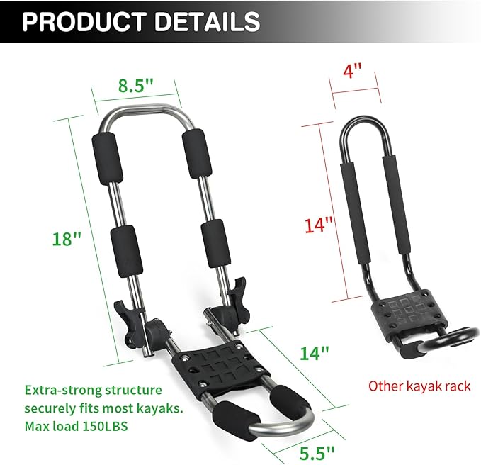 Leader Accessories Stainless Steel Folding Kayak Rack 4 PCS/Set J Bar Car Roof Rack for Canoe Surf Board SUP On Roof Top Mount on SUV, Car and Truck Crossbar with 4 pcs Tie Down Straps