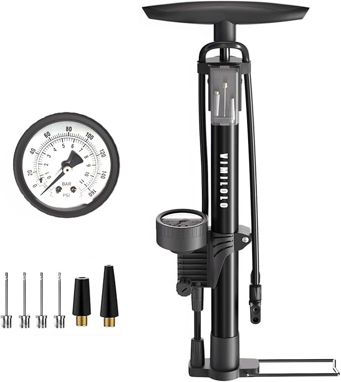 Bike Floor Pump, Bicycle Pump with Dual Presta & Schrader Valve Head, High Pressure Bicycle Tire Inflator, Portable Hand Air Pump for Road & Mountain Bikes, Strollers and Balls