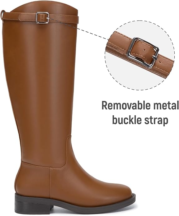 Athlefit Women's Knee High Riding Boots Round Toe Low Heel Tall Boots Pull On Long Booties with Buckle