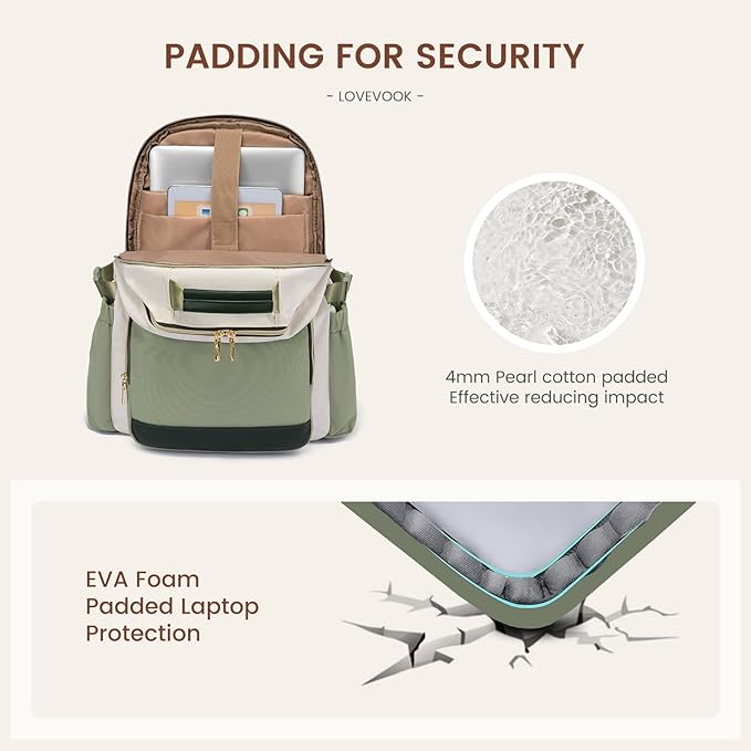 LOVEVOOK Laptop Backpack for Women with Pouch Pocket for Large Capacity Cup,18 Inch Laptop Computer Bag Travel Backpack Purse,Waterproof Work College Teacher Bags,White-Bean Green-Dark Olive Green
