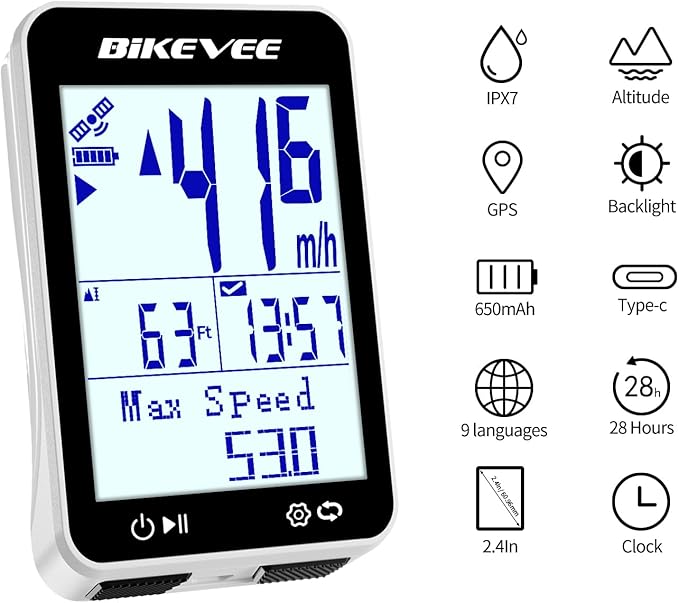GPS Bike Computer Wireless Bicycle Speedometer Odometer 9 Languages Auto Backlight Auto Start Stop IPX7 Waterproof 2.4 Inch LCD Supports MPH KMH