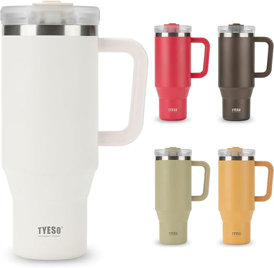 TYESO Vacuum Insulated Tumbler Water Bottle Cold Insulation Stainless Steel Bottle Straw Handle Mug Double Wall Wide Mouth (White, 40 oz)