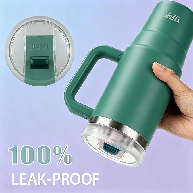 TYESO Vacuum Insulated Tumbler Water Bottle Cold Insulation Stainless Steel Bottle Straw Handle Mug Double Wall Wide Mouth (DARK GREEN, 40 oz)