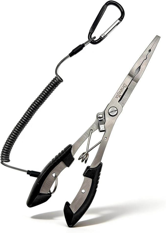 Professional 8.4 Inch Fishing Pliers with Safety Lock, Multi-Function Long Nose Hook Remover, Line Cutter, Crimper, Rustproof Stainless Steel Fishing Tool for Saltwater & Freshwater