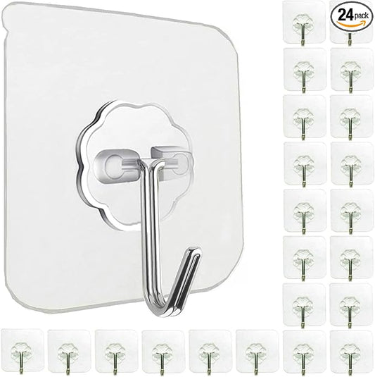 24 Pack Self Adhesive Hooks Heavy Duty - 33lb Max, Transparent, Waterproof, Sticky Wall Hooks for Keys, Bathroom, Shower, Outdoor, Kitchen, Door, Home Improvement, Utility Hooks