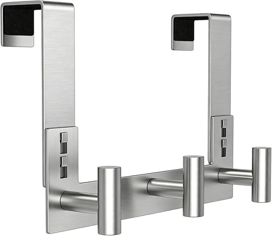 PMMASTO Over The Door Hooks, Fits 1-3/4" Thick Door No Drill Hooks for Closet Bathroom Bedroom Organization, Hanger for Coat Towel Robe (Silver, 3 T-Hooks)