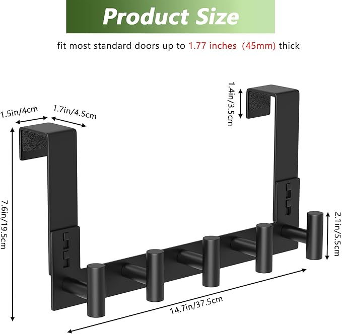 Stainless Steel Over Door Hooks, Over Door Hanger Holder for Robe Cloths, Heavy Duty Towel Hooks, Coat Rack, Doors Organizer for Bathroom, Bedroom, Locker Room & Closet (1 Pack, Black)
