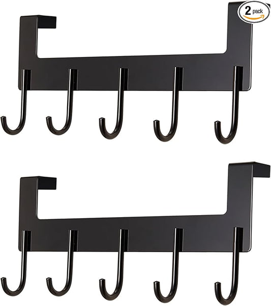 Over The Door Hooks Coat Rack,Over The Door Towel Hanger Drying Rack,Heavy Duty Aluminum Over The Door Towel Rack Hooks for Hanging Coat, Bag, Robe - 5 Hooks Black Color 2 Pack