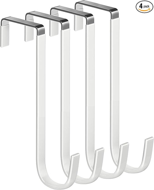Over The Door Metal Hooks with Plastic Coating 7.5" Fit 0.5" to 1 3/4" Door 4 Pcs Heavy Duty Single Towel Robe Rack Wreath Bathroom Shower Hanger Shoe Organizer Ironing Board Long White