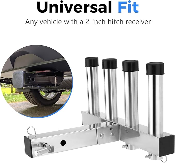 SPARKWHIZ Hitch Fishing Rod Holder, Stainless Steel Hitch Mount Rod Holder, 4 Link Tube for 2" Hitch Receivers with Quick Release Pin,Truck Adjustment Fishing Rod Rack, Fishing Pole Holder