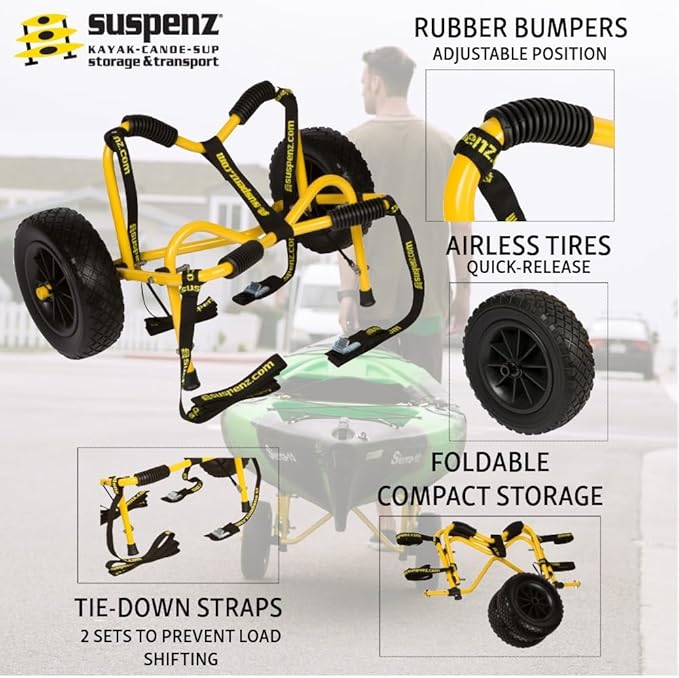 Suspenz Kayak Canoe Transport Trailer, DLX Kayak Cart, Trolley with Airless Wheels and Straps, Weight Capacity 150 lbs, Yellow (22-0044)