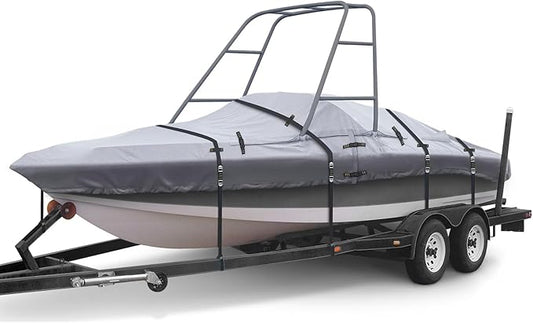 900D Ski & Wakeboard Tower Boat Cover 22-24ft, Waterproof Heavy-Duty Winter Boat Wrap with Reinforced Straps & Vents, Trailerable Wake Tower Jet Ski Covers for All Seasons Protection, Gray