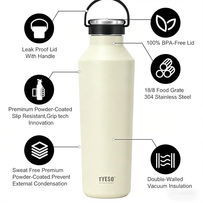 TYESO Stainless Steel Vacuum Insulated Water Bottle, Insulated Water Bottle with Soft Silicone Carry Handle (KHAKI, 25 OZ)