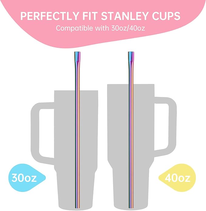 NiHome 6本 12インチ しわ防止フラットチップ 再利用可能 ステンレス製ストロー Stanley 30oz 40oz タンブラー用、しわフリー金属製ドリンクストロー 口当たりが良い アイスコーヒー、水用 (イリディセント、ストレート6本)