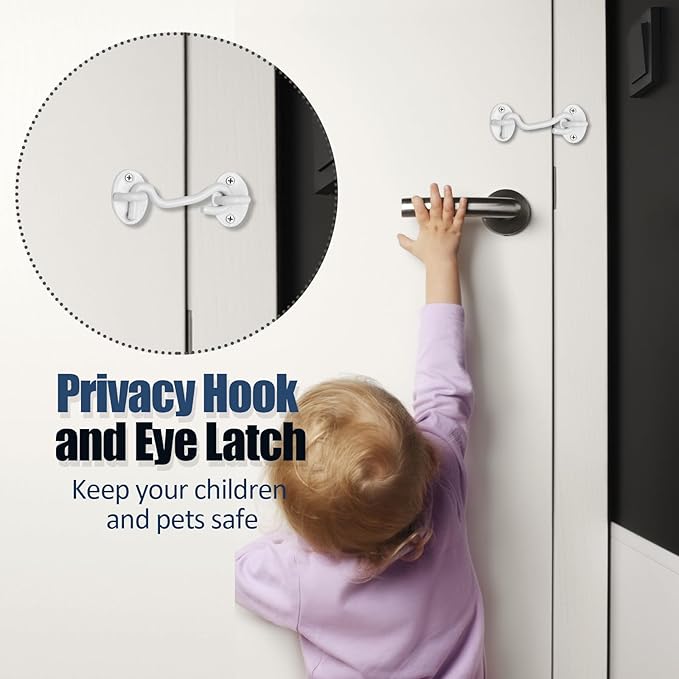 Biaungdo Heavy Duty Hook and Eye Latch, 3 Inch White Privacy Hook Barn Door Lock Easy Lock, Stainless Steel Gate Latch for Doors/Windows/Sheds/Gates/Fences/Closets/Cabinets, 1 Pack