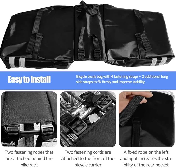 Bike Rear Rack Double Pannier Bag, 30L Waterproof Bicycle Trunk Bag, Bike Pannier Bag with Reflective Trim, for Grocery Shopping Commuter Long Cycling Trip (Black)