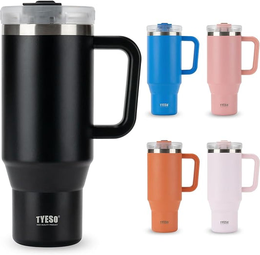 TYESO Vacuum Insulated Tumbler Water Bottle Cold Insulation Stainless Steel Bottle Straw Handle Mug Double Wall Wide Mouth (BLACK, 40 oz)