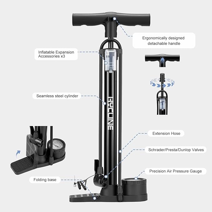 Hycline Bike Floor Pump: Bicycle Tire Pump 160 PSI with Schrader & Presta Valve - High Pressure Air Pumps for Road MTB BMX Hybrid Bikes Tires, Balls, Inflatables