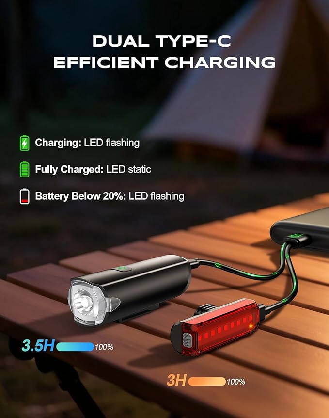 2026 New 1200LM Wide Angle Bike Lights for Night Riding, 3+5 Modes & IP65 Waterproof Bicycle Lights Front and Rear, Long-Lasting USB Rechargeable Sports Scooter Accessories for Men Women